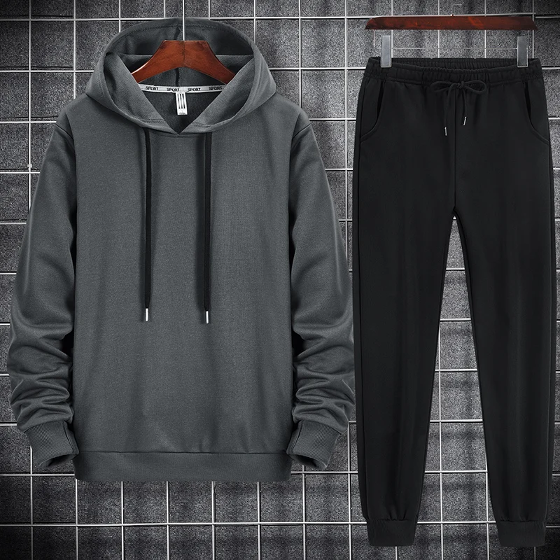 Men Sport Tracksuit 2 Pcs Solid Color Hooded Sweatshirt Top Elastic Waist Jogger Pants Casual Sportswear Male Daily Wear Jogging