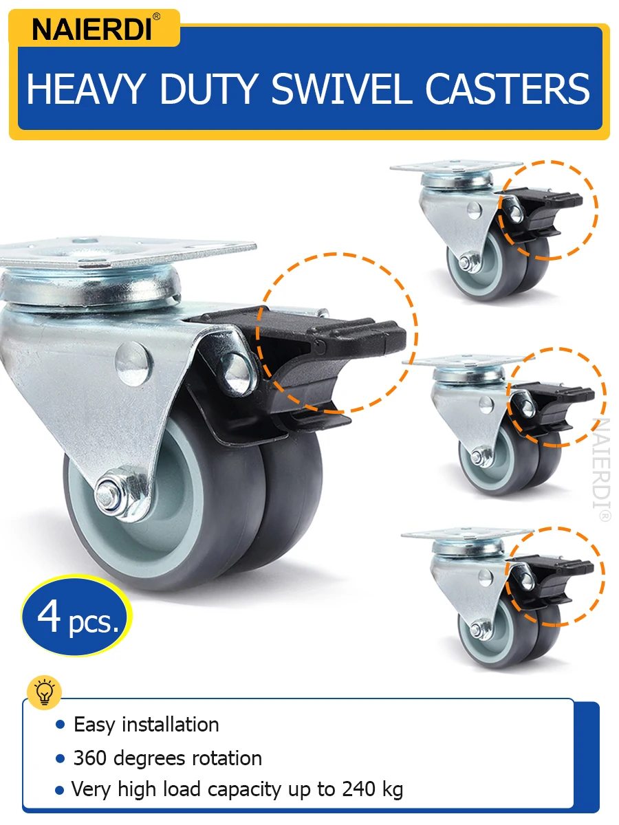 

NAIERDI Swivel Casters Wheels 2 inch Heavy Duty Casters with Brake Silent Locking Rubber Wheels for Platform Trolley Dolly