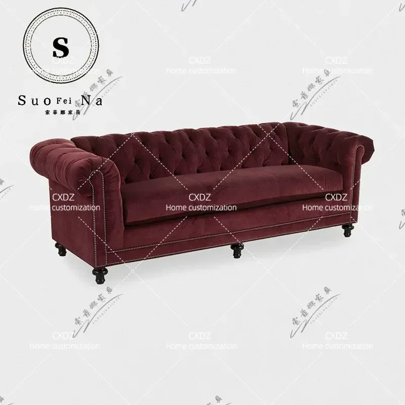 Retro Velvet Straight Sofa with Pull Buckle Double Three Seater Simple European Pastoral Style for Small Apartment Living