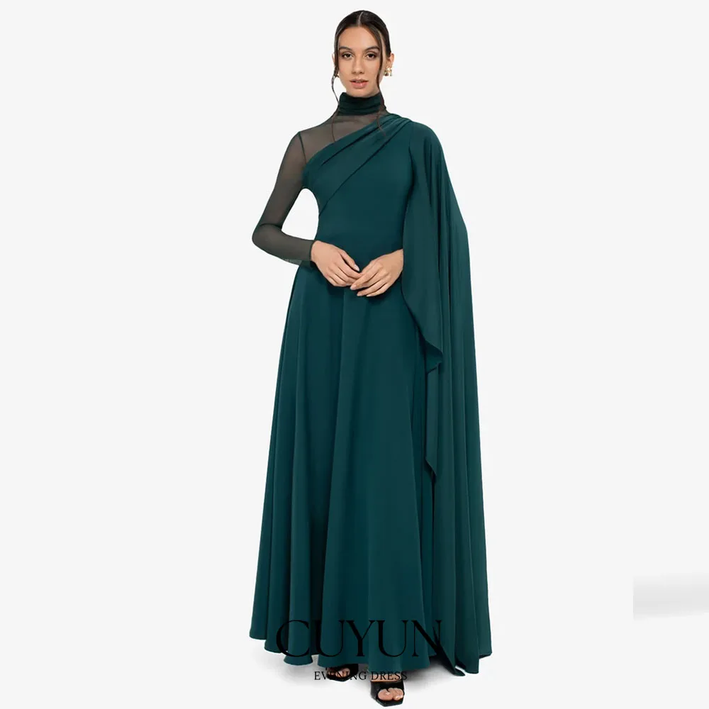 CUYUN Customized Modest Evening Dresses Illusion Patchwork Prom Gown High Collar Long Sleeves Elegant Wedding Party Dress Dinner