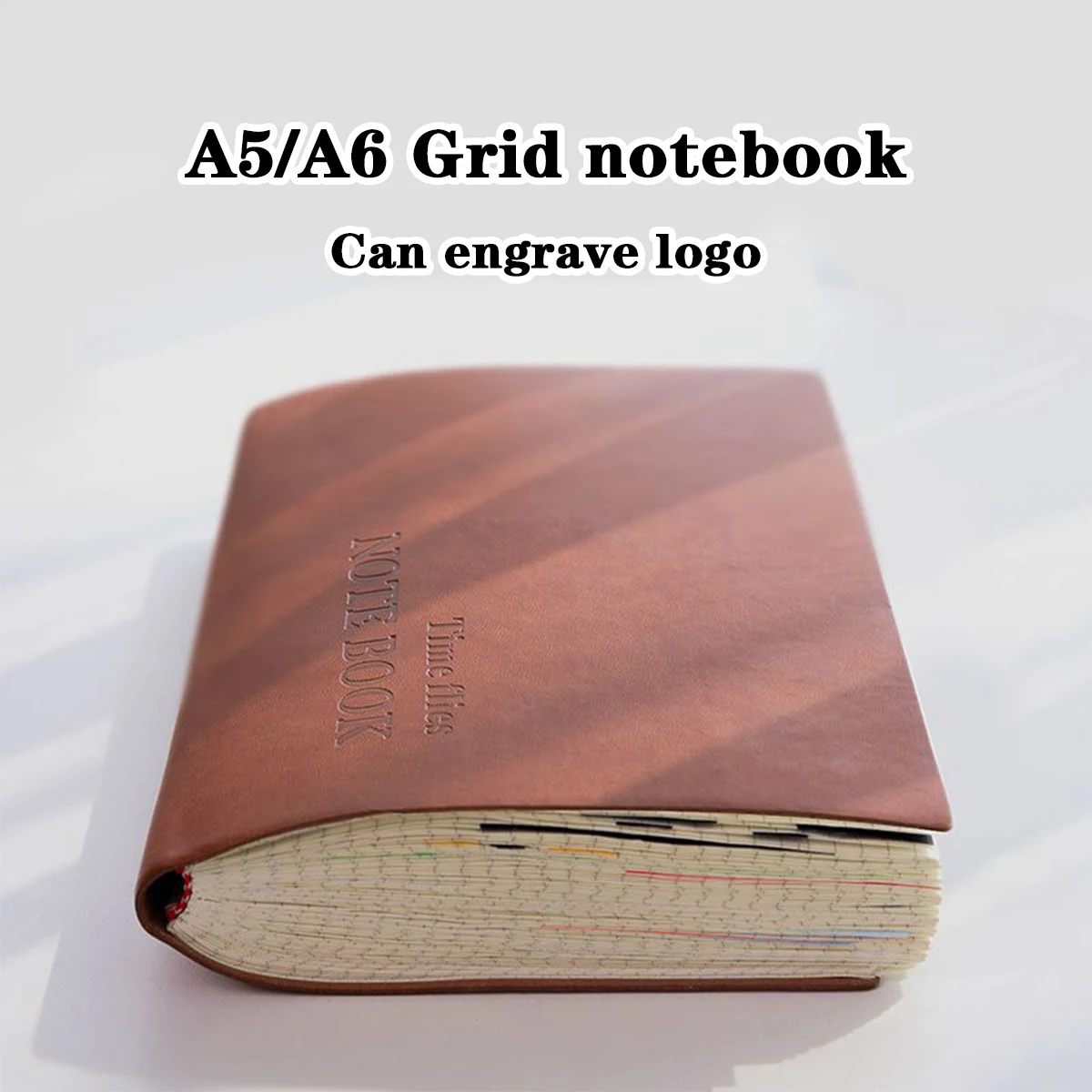 (Can Engrave Logo) A5 Business Leather Notebook, Grid Pages, Student Diary, Travel Log, Meeting Record Book, Customized Notepad