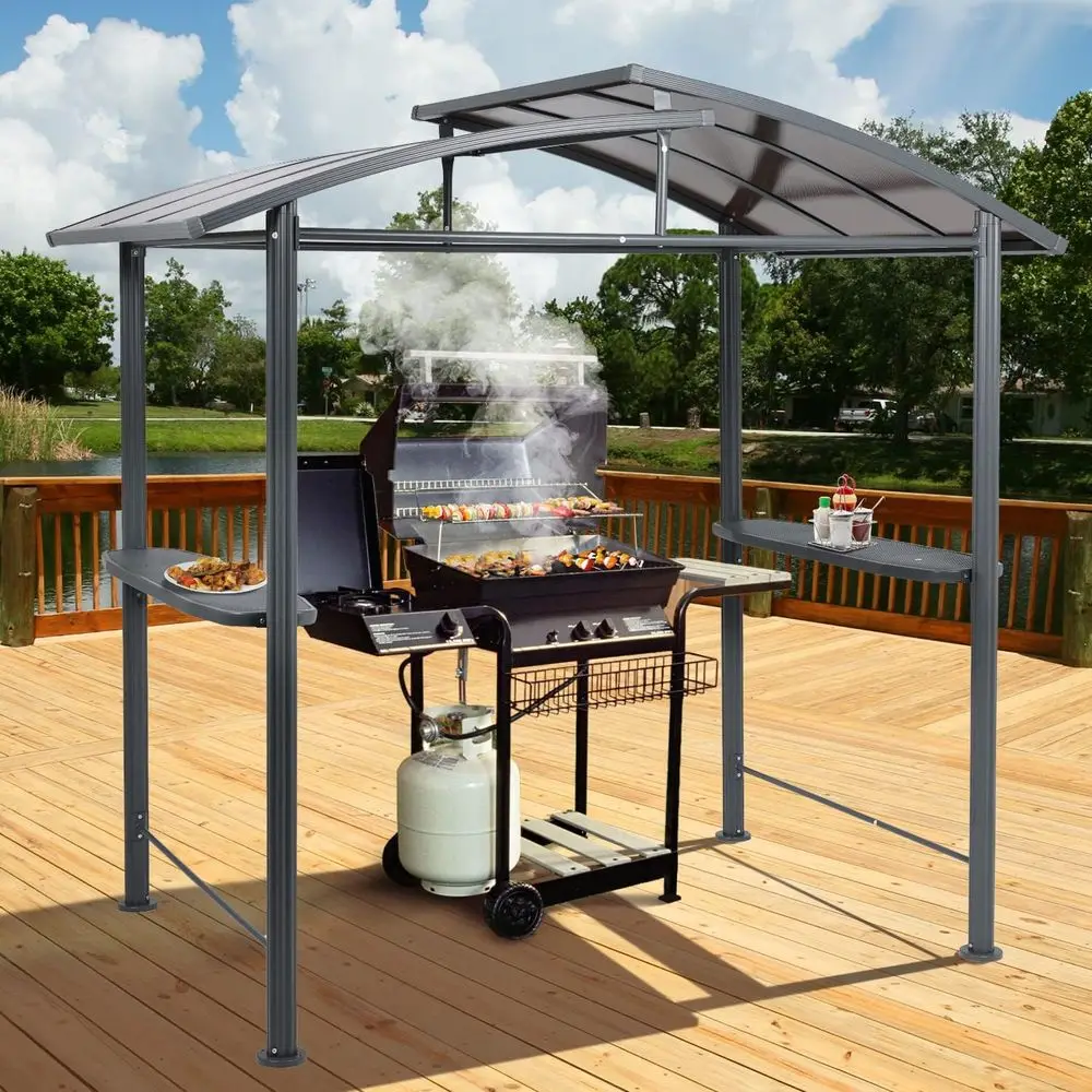 

8ft x 5ft BBQ Grill Gazebo with Gray Steel Frame and Brown Double-Tier Polyethylene Roof, Including Side Shelves for Outdoor, Pa
