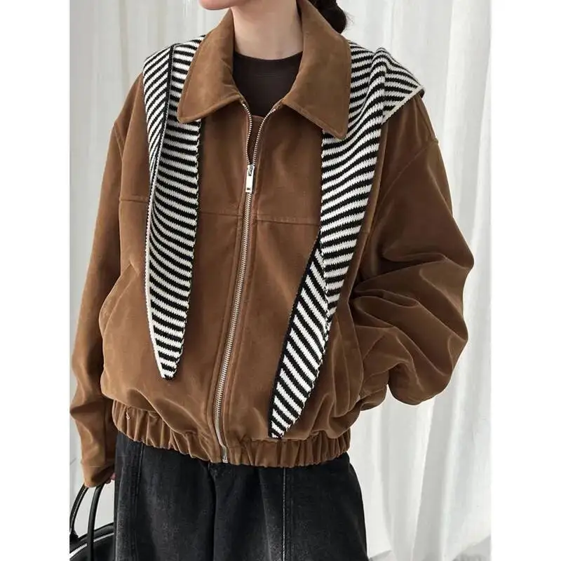 

Autumn Vintage Suede Jacket Women Turn-Down Collar Loose Zipper Long Sleeve Casual Short Coats