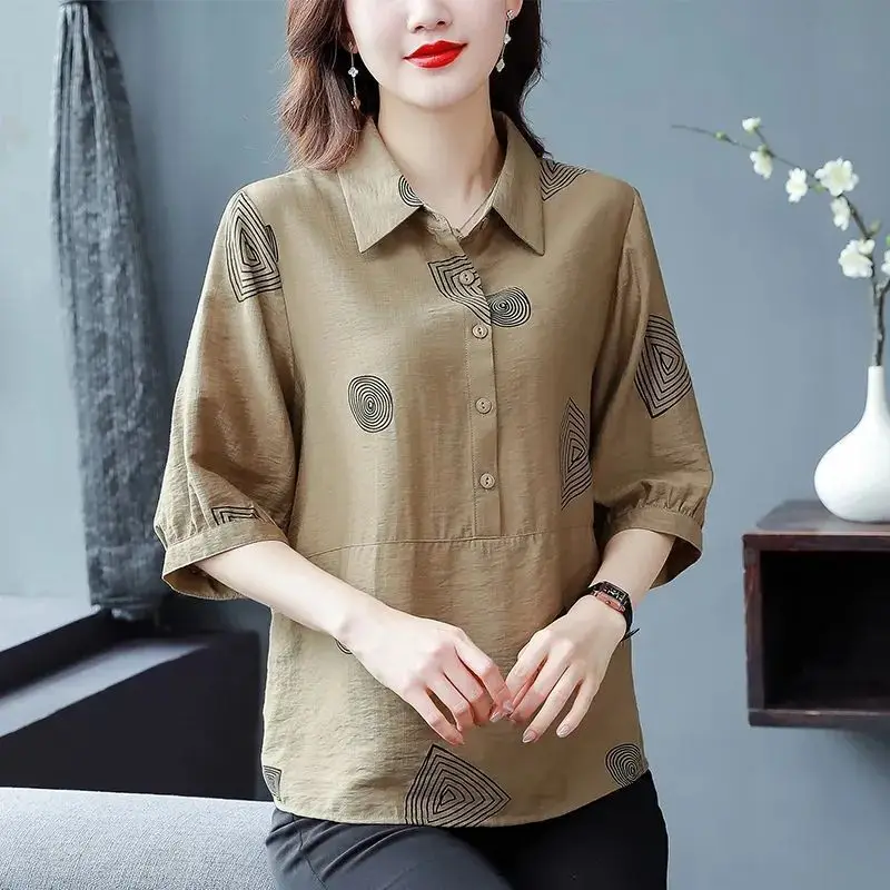 Middle Aged Women Summer Fashion Geometric Print Button Up Shirt Casual Lapel Cotton Linen Blouse Ladies Short Sleeve Loose Tops