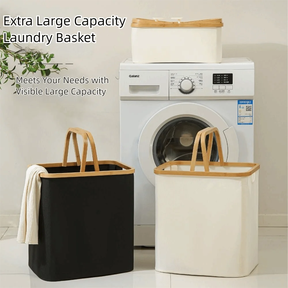 

Bamboo Handle Laundry Storage Basket Large Capacity Oxford Cloth Closet Organizer Rectangle Multi-purpose Folding Laundry Hamper