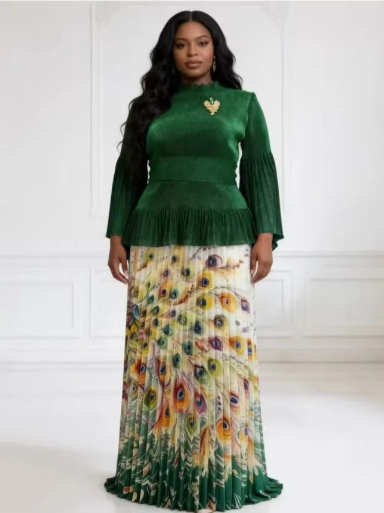 

Miyake Pleats 2026 New Printing Suit Loose Fashion Round Neck Bronzing Top Pleated Skirt Two-piece Set Women