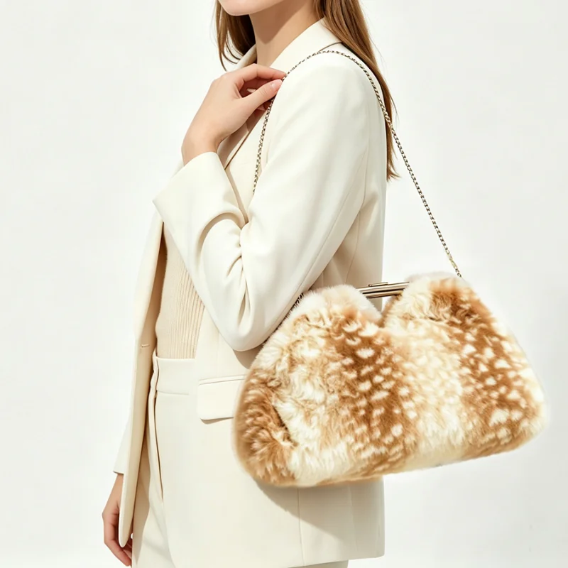 Winter Faux Fur Kisslock Clutch Bag Leopard Spotted Print Softplush Frame Purse Removable Chain Shoulder Handbag Lady Eveningbag