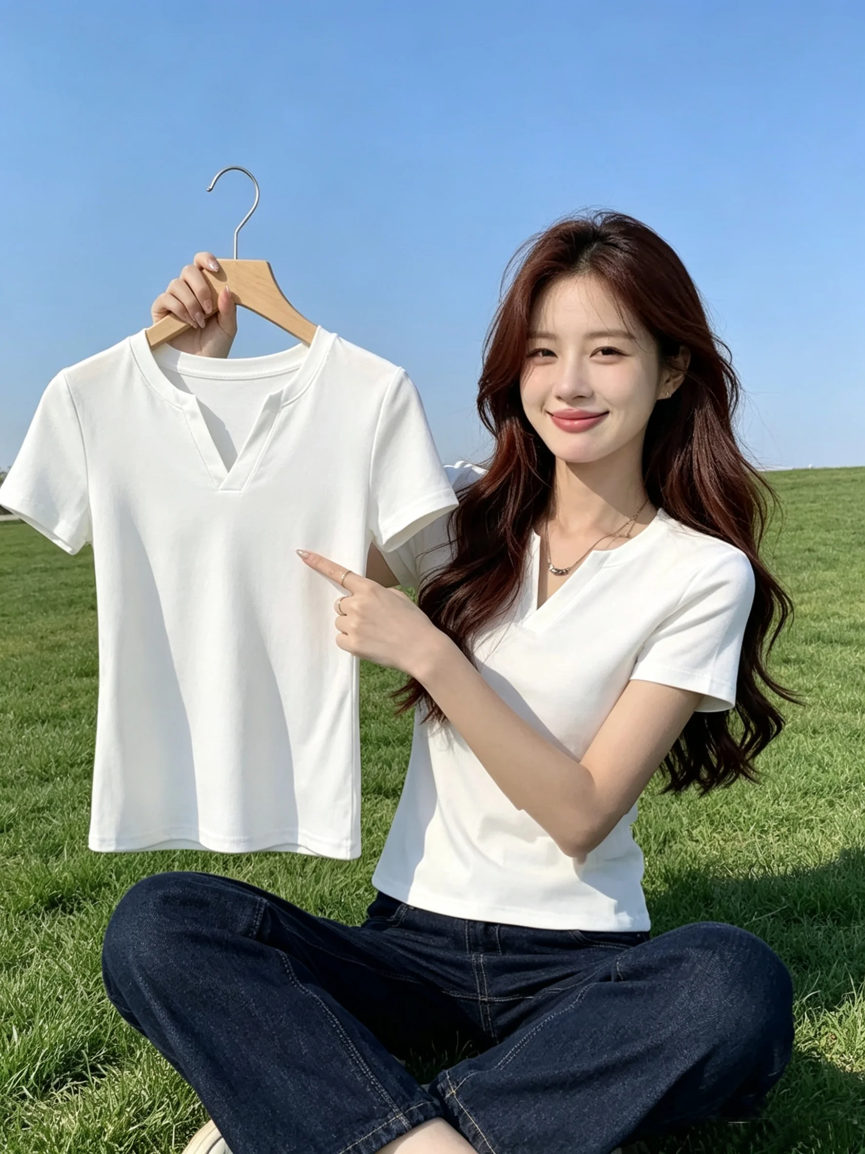 Slimming Effect 95 Cotton V-Neck Short Sleeve T-Shirt Women's New Style Summer plus Size Base Shirt Design Sensation Top