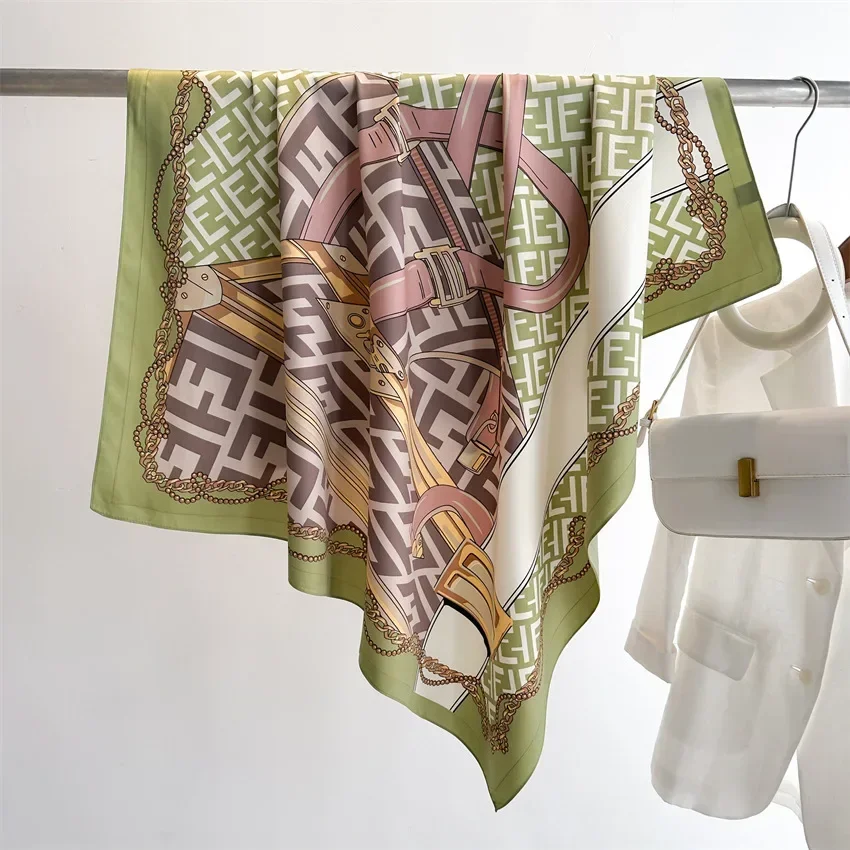 ผ้าเช็ดหน้า ผ้าไหมพันผม ผ้าพันคอไหมซาตินพิมพ์ลาย ขนาด 90*90 ซม. ผ้าพันคอไหมสี่เหลี่ยมผืนผ้าขนาดใหญ่ ผ้าคลุมไหล่สำหรับผู้หญิง แบรนด์หรู ดีไซเนอร์ ผ้าคลุมศีรษะแบบฮิญาบ