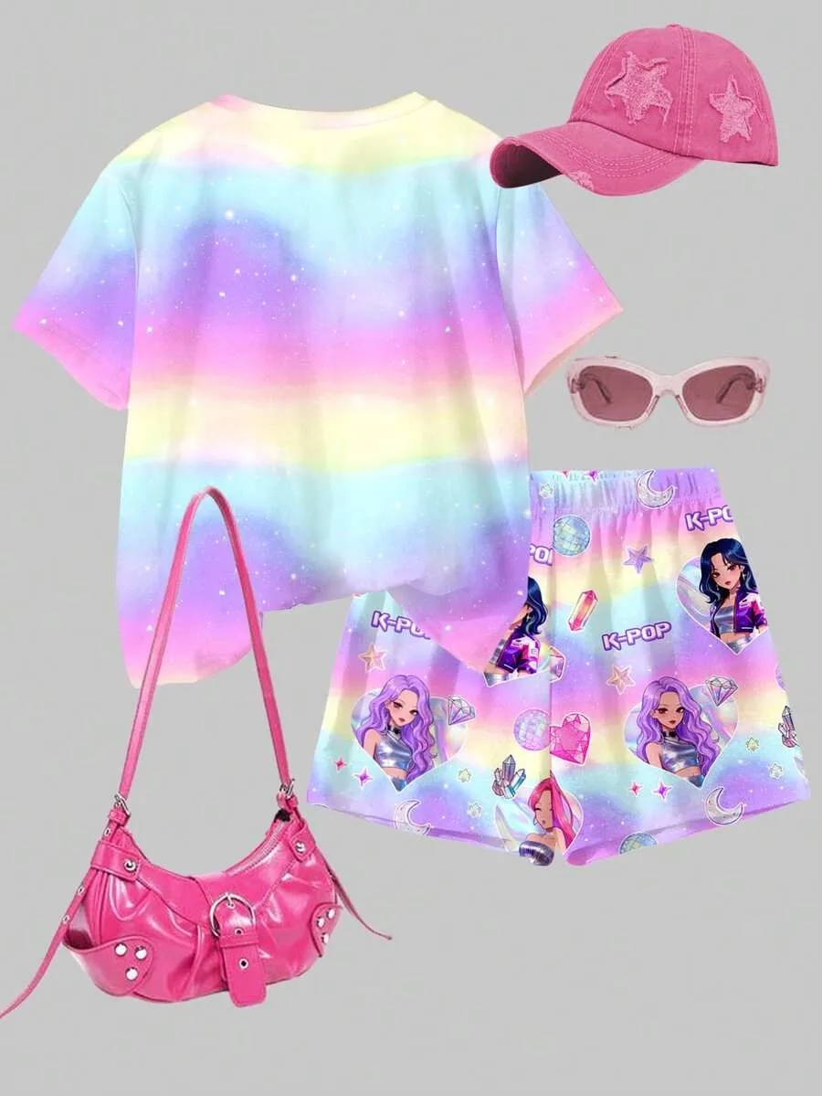 2-teiliges Mädchen-Outfit, T-Shirt mit Regenbogen-Farbverlauf und Sternenhimmel-K-POP-Cartoon-Print sowie Shorts-Set mit Allover-Print – Detail 2
