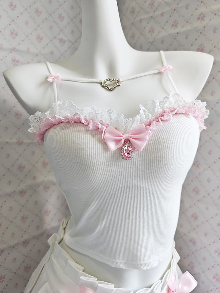 

Cute Crop Tops Women Summer 2025 Pink Bows and Pendant Decoration Lace Trim Cropped for Sweet Girls Lolita Camis