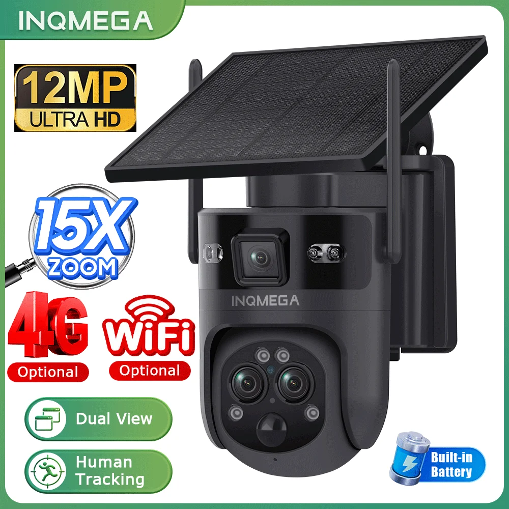 INQMEGA 6K 15X Zoom Dual-Screen-Solar Kamera Battery IP Cam Human Detect 2-Way Audio CCTV Monitor Video Surveillance