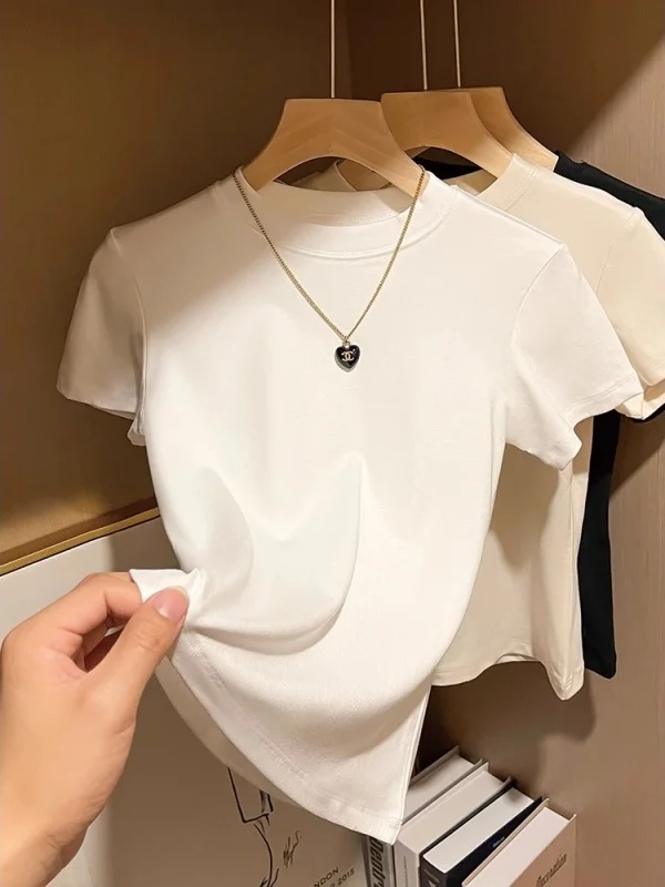 

Женская приталенная футболка с коротким рукавом и воротником-стойкой, базовая модель в корейском стиле, летняя новинка, белая