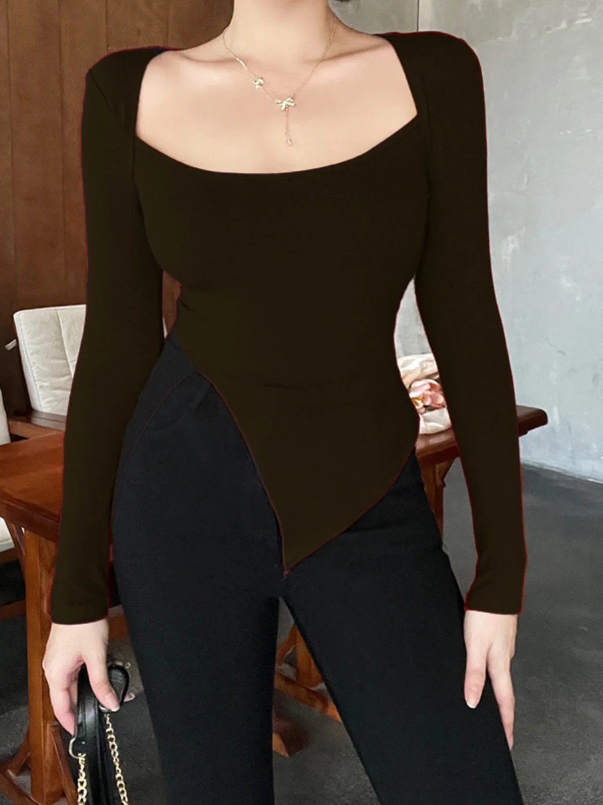 

Long Sve Split Top Slim Fit T-irt Simple Sle Casual Long T-irt for Women plus Size Faionable Split Design