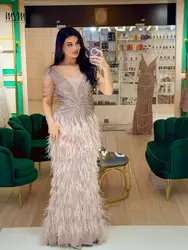 MYMB Caramel Plunging Neckline Mermaid Sexy Lady Sheath Evening Dress Stunning Beaded Tassel Feather Wedding Party Gown DSL62430