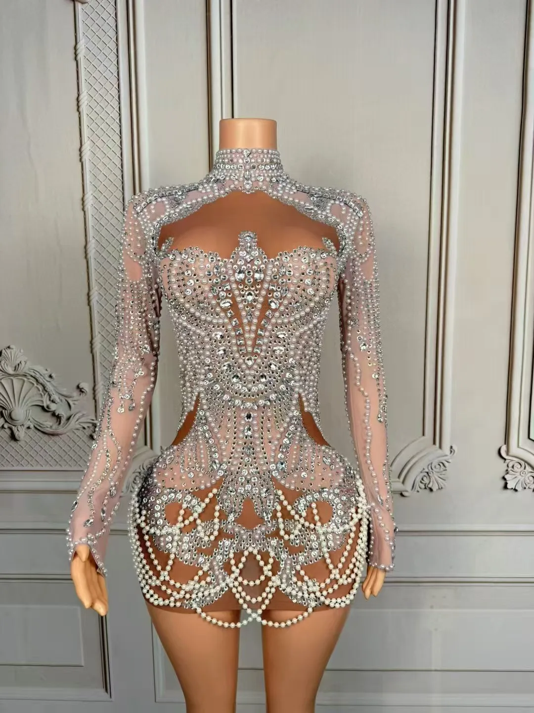 

Diamond Pearl Chain Party Dress Nightclub Bar DiPerformance Stage Costumes Women Singer GogoDancer Group Festival Wear D287