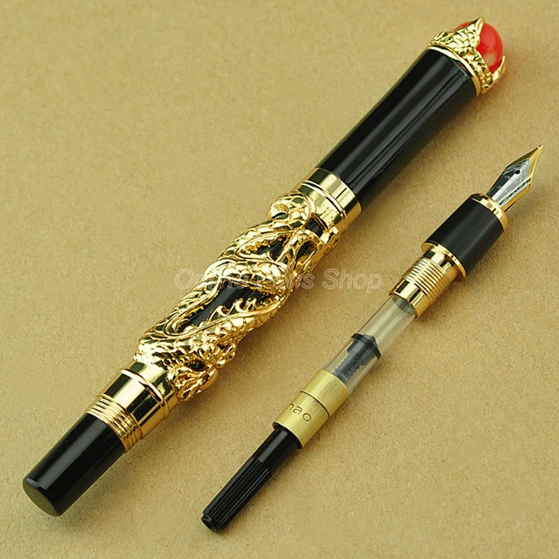 Jinhao High Grade Dragon King 18KGP M Nib Fountain Pen Metal Embossing Red Jewelry on Top Golden Drawing Writing Ink Pen JF008