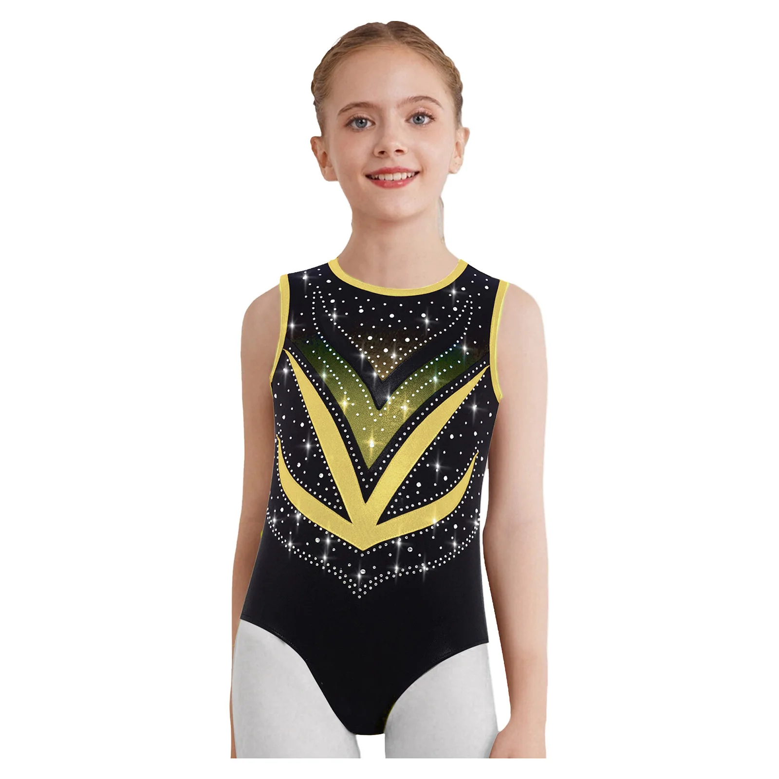 

Girl Ballet Leotard Gymnastics Leotard Sleeveless Crisscross Cutout Back Rhinestones Mesh Bodysuit Skating Performance Dancewear