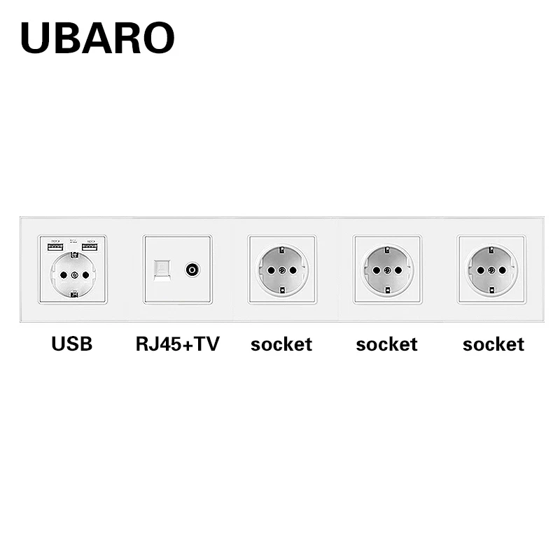 UBARO EU Standard Glass Panel Wall Socket With RJ45 RJ11 TV USB Signal Terminal Plug Home Outlet  Weak Current Combination Plugs