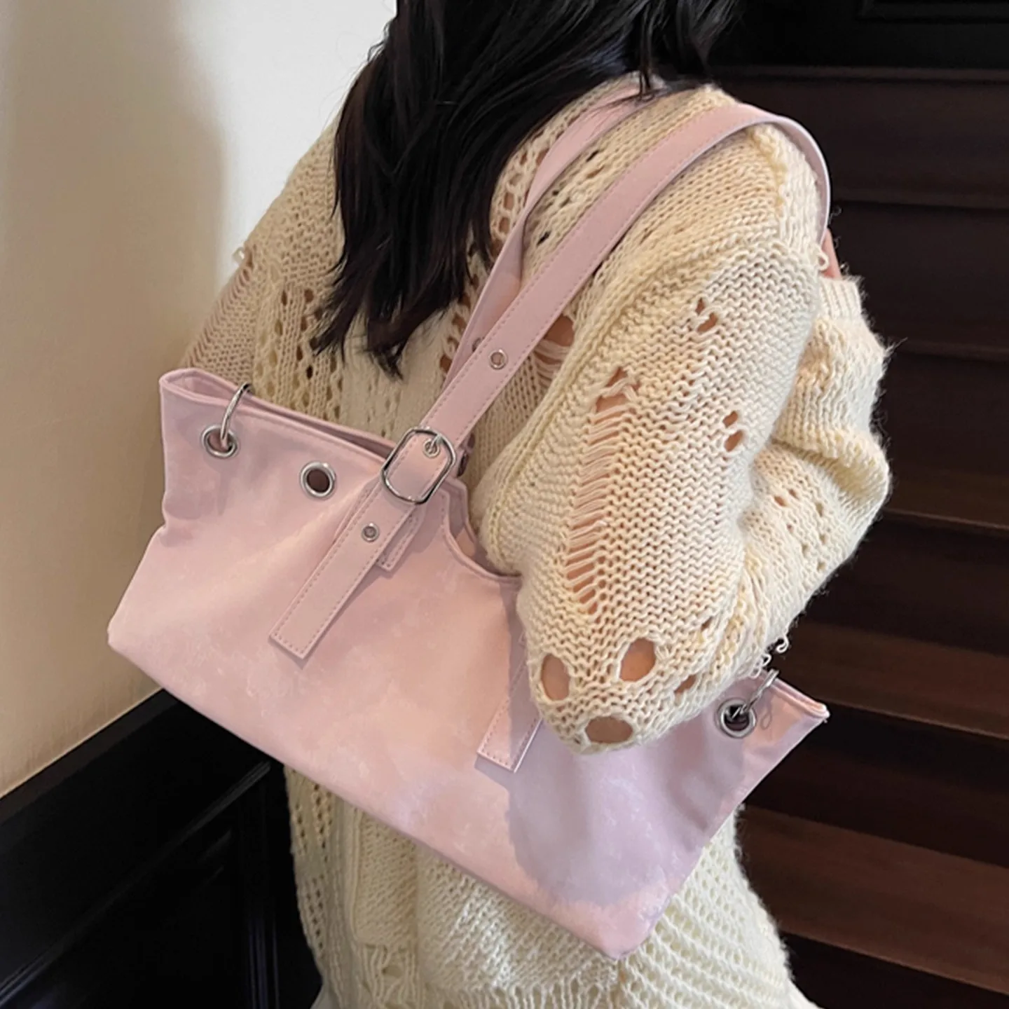 

Retro Solid Color Ring Tote Bag Women Matte Leather Large Capacity Shoulder Bag Ladies Fashion Premium Commute Underarm Bag 2025