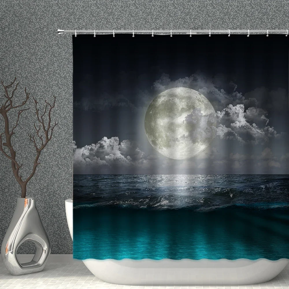 Moon Star Shower Curtain Waterproof Cloth Navy Blue Space Planet Earth Ship Bath Curtains Bathroom Screen Bathtub Decor Hooks