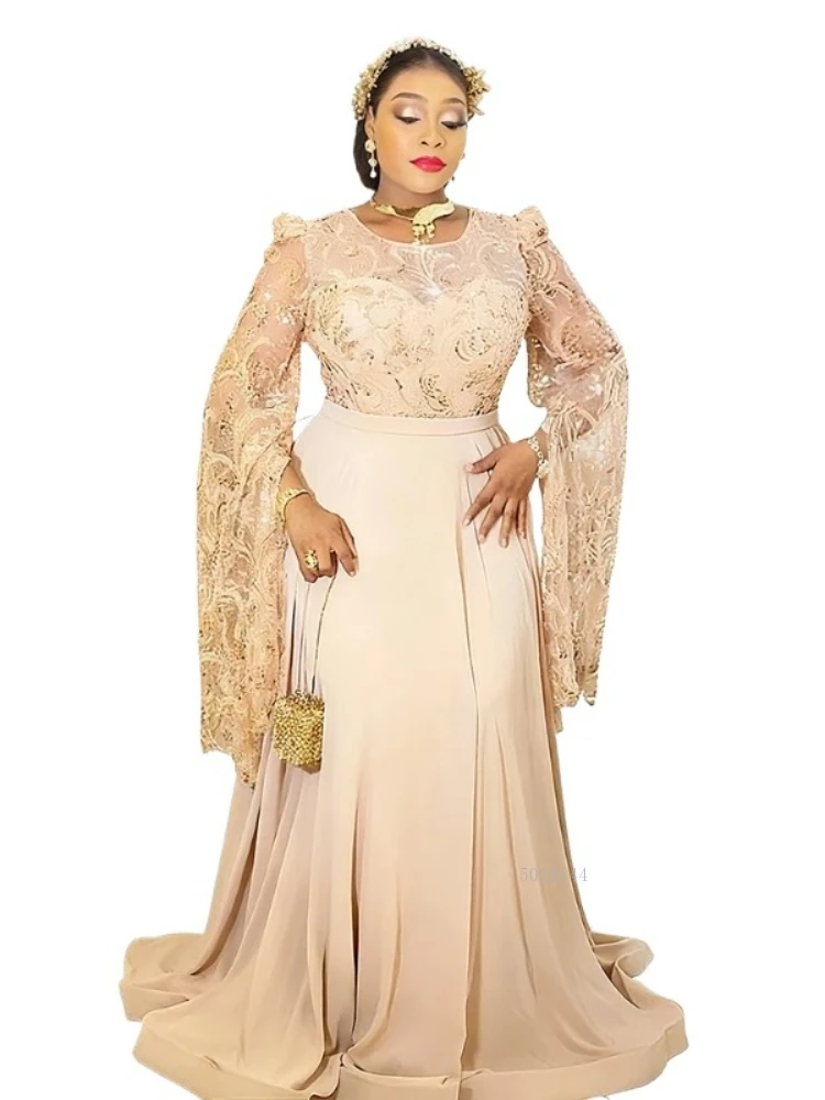 

Африканское женское платье макси больших размеров, кружевное платье с длинными рукавами-колокольчиками, вышитое пайетками, платье для свадьбы, галеас и большие торжества