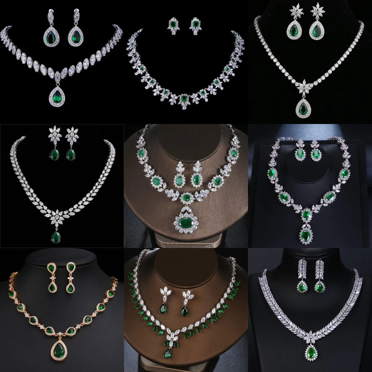 

JMK Luxury Green Gemstone Emerald Fine Jewelry Sets Silver Birthday Crystal Necklace Earrings Sets For Women Brides Wedding