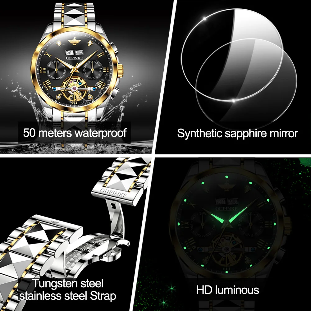 OUPINKE Top Brand Men's Watches Luxury Sapphire Automatic Mechanical Watch for Man Tungsten Steel Tourbillon Wristwath Calendar