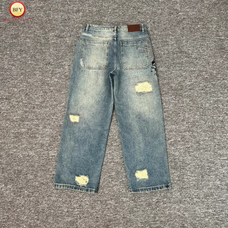 

Derschutze высококачественные потертые потертые джинсы с рюшами и вышивкой, модные мужские и женские свободные повседневные прямые брюки