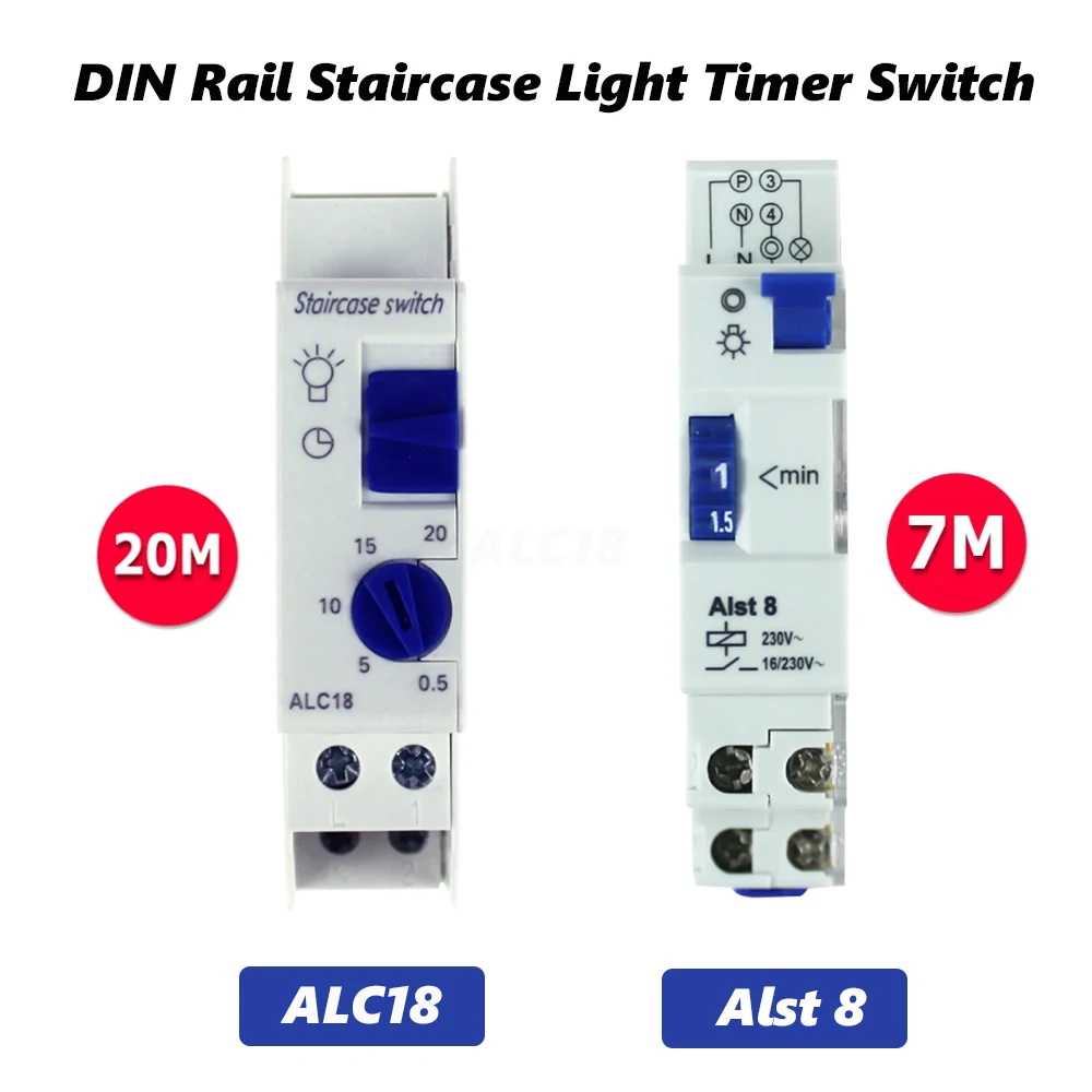 Interruptor Temporizador de Trilho Din para Controlador de Iluminação de Escada Alst8 Alc18 Intervalo de 20 Minutos Preço de Fábrica Módulo Único de 18 mm