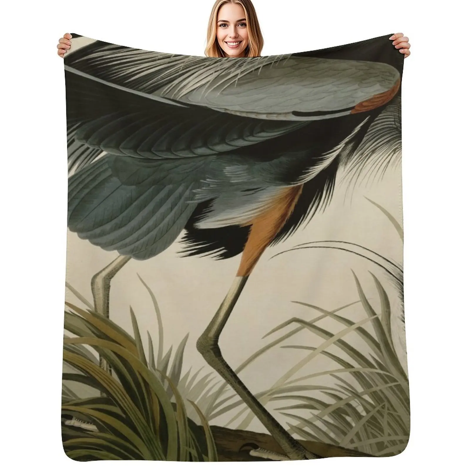 Cobertor Decorativo com Detalhes de Garça Azul Grande / Cropped / Aves da América / Fragmentos de Aquarela Vintage de Aves com Fundo Original