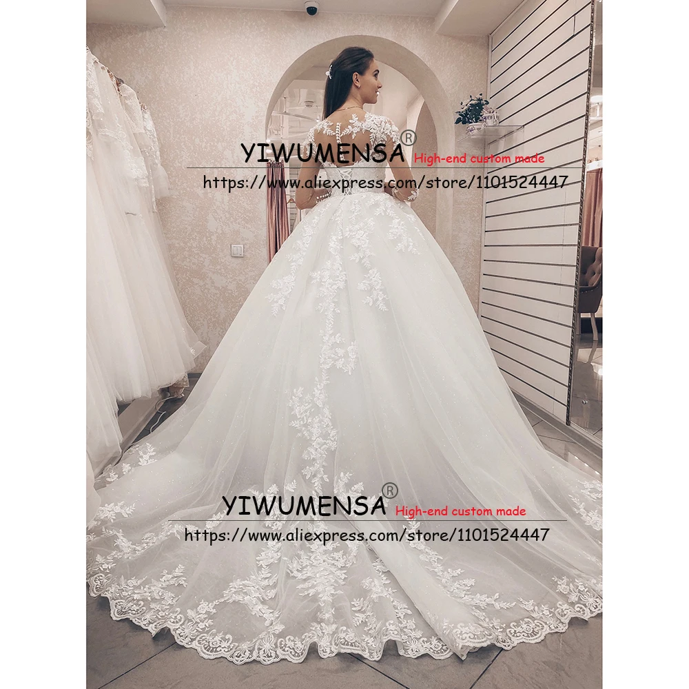 Branco princesa vestido de baile vestido de casamento mangas completas o pescoço apliques rendas-up voltar nupcial festa robe de mariage 2022 nouveauté