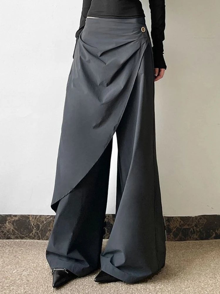 

HOUZHOU Grey Suit Pants for Women Japanese Style Vintage Baggy Trousers Elegant High Waist Casual Patchwork Solid Wide Leg Pants
