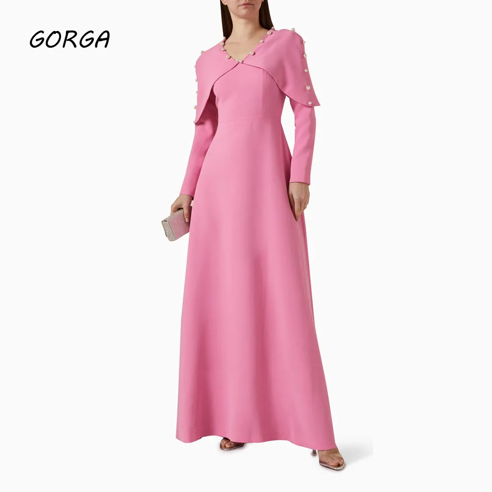 GORGA Simple Dusty Pink V-Neck A-LINE 2024 Slim Crepe With Pearls Long Sleeves Ocassion Gown Ankle-Length Formal Evening Dress