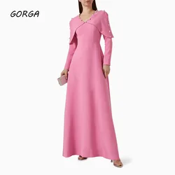 GORGA Simple Dusty Pink V-Neck A-LINE 2024 Slim Crepe With Pearls Long Sleeves Ocassion Gown Ankle-Length Formal Evening Dress