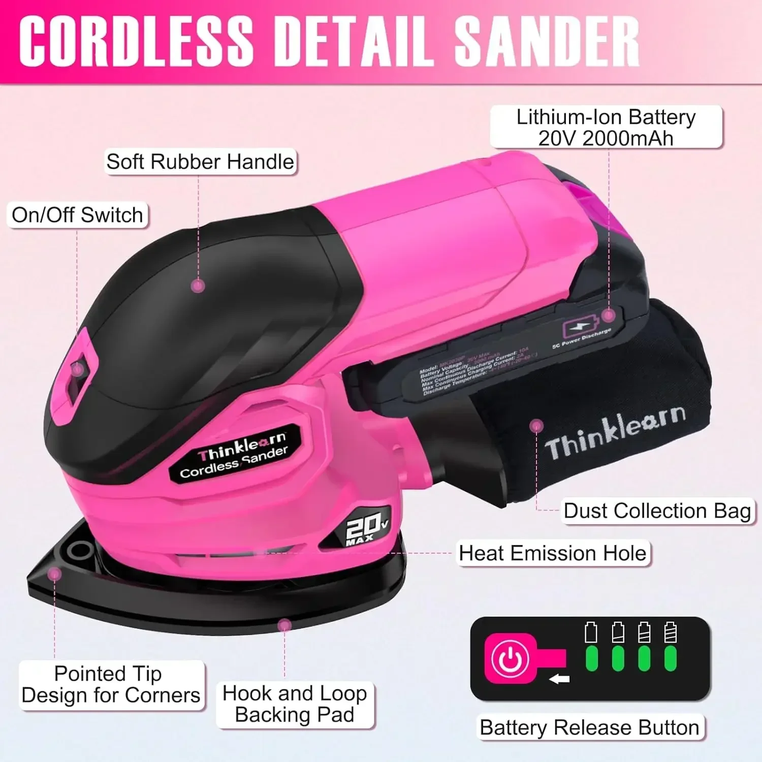 Cordless Detail Sander - 20V Electric Hand Sander with 22Pcs Sandpapers,Compact Palm Sander Tool for Tight Spaces Woodworking,