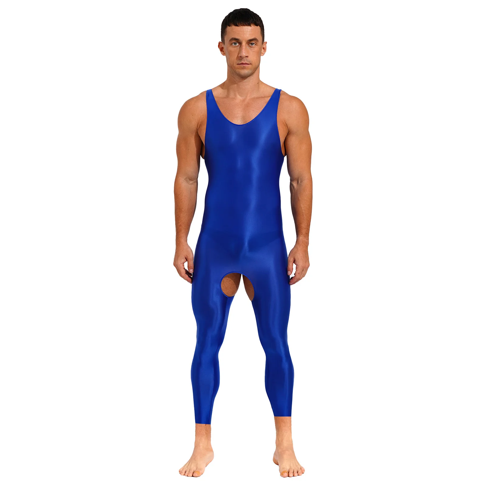 Mens Lingerie One Piece Glossy Open Crotch Tights Close-fitting Jumpsuits Solid Color Stretchy U Neck Sleeveless Bodysuit