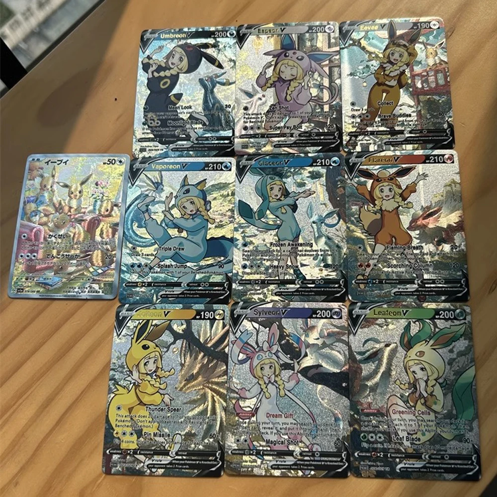 10ชิ้น/เซ็ตการ์ดฟอยล์ ptcg lillie eevee ซีรีส์โปเกมอนแฟลชการ์ดงานฝีมือคุณภาพสูงแฟลชการ์ดของเล่นเด็ก