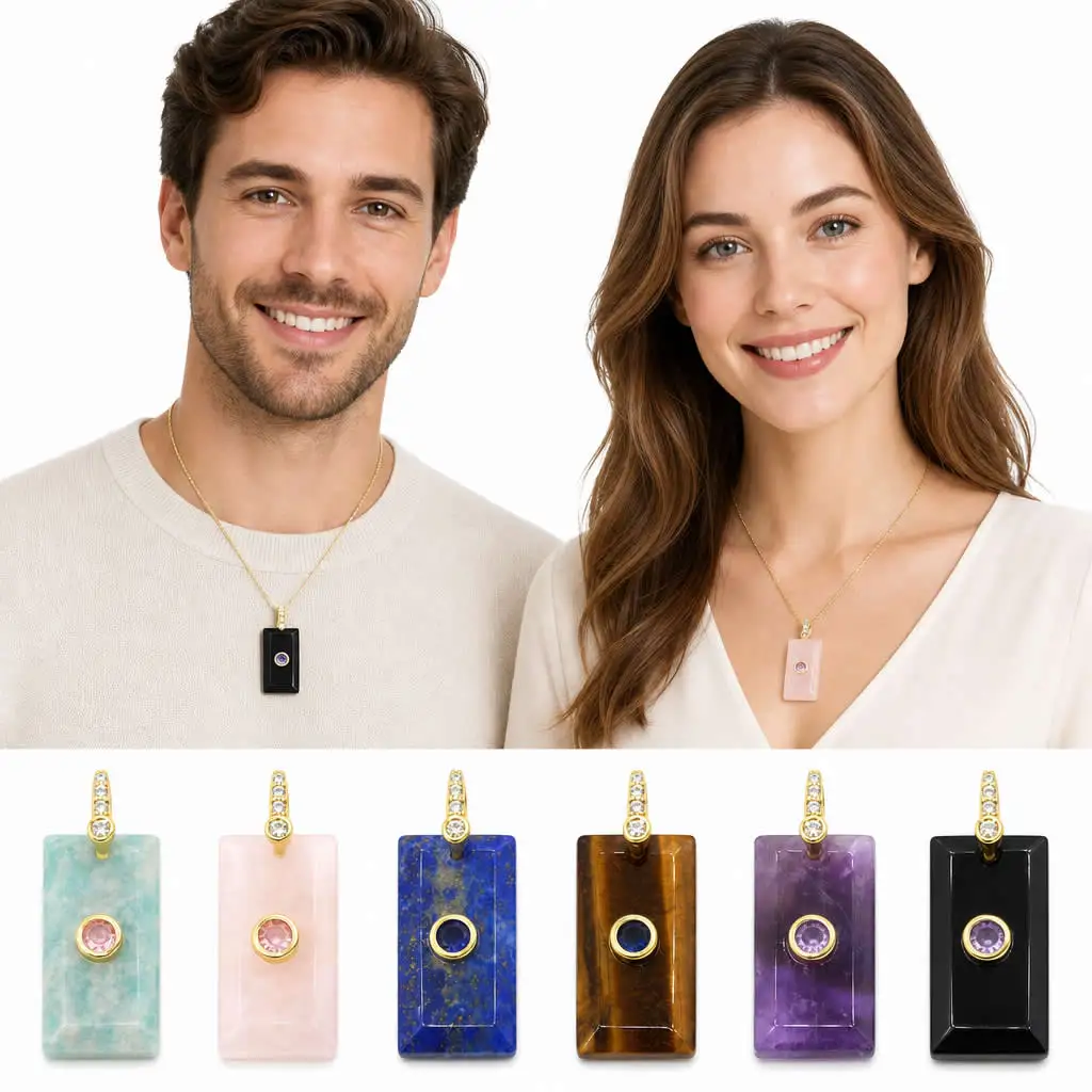 13x25mm Rectangle Natural Gemstone Pendant Amethyst Rose Quartz Gold Plated Chakra Healing Crystal Necklace Jewelry Making Gift