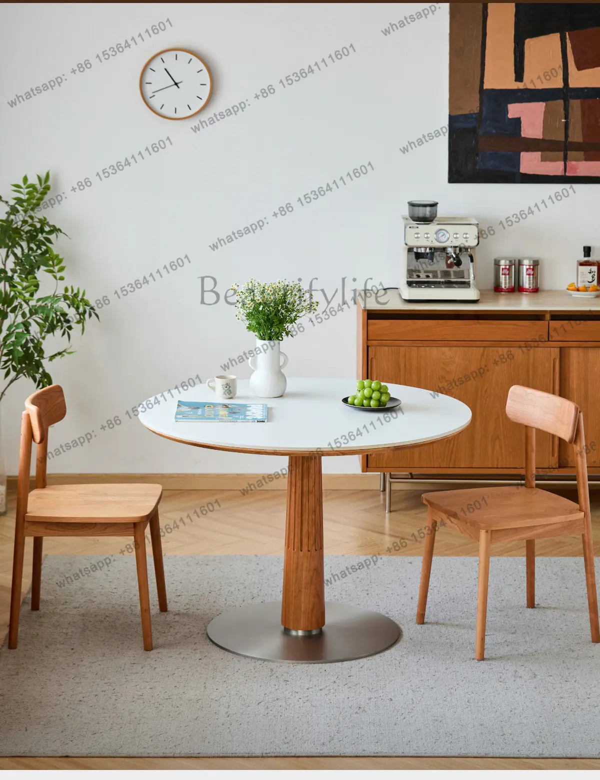 

Grey round table cherry wood Nordic solid wood rock slab simple household small apartment restaurant dining table