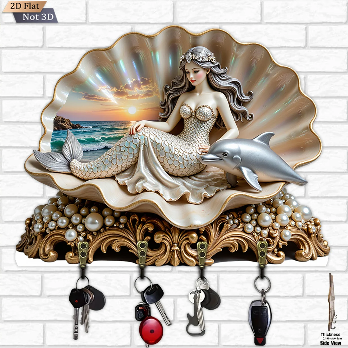 2D Wooden Plane, 1 Piece Pack, Mermaid Shell Key Hook - Wooden Multi-functional Home Key Rack with Four Metal Hooks, Wall Decora