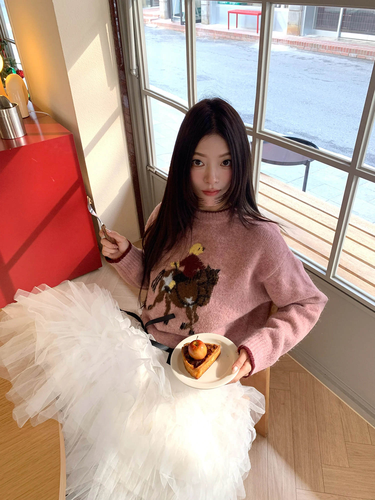 

Elegant Style Hooded Knitted Sweater Riding Pattern Embroidery Soft Cute Overhead Women's Long Sleeve Winter Fashion