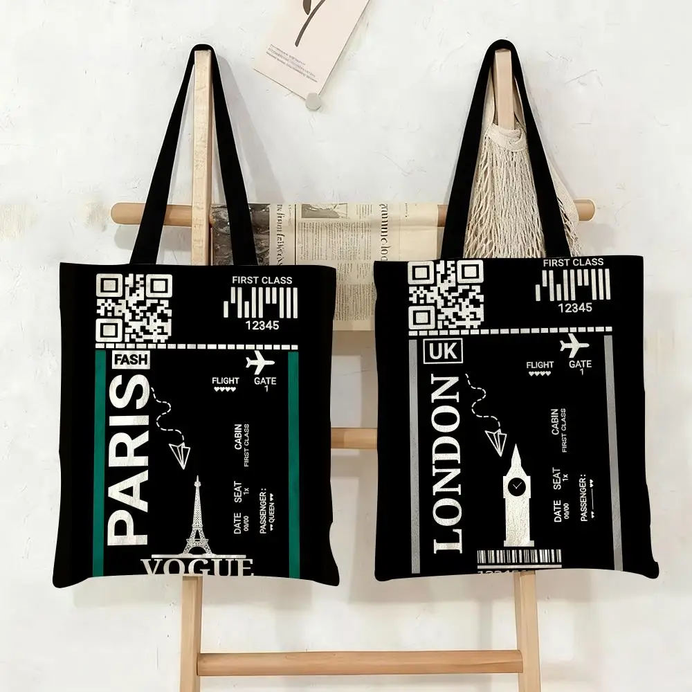 

Flight Ticket Storage Bags Canvas Tote Bag Large Capacity Double-Sided Print Reusable Shopping Bag Eco-Friendly Shoulder Bag