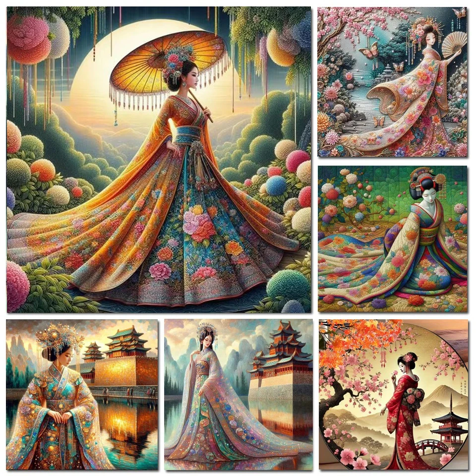 5D Diy Diamond Painting Beautiful Japanese Chinese Woman Full Square Round Diamond Mosaic Cross Stitch Kits Vintage Rhinestone