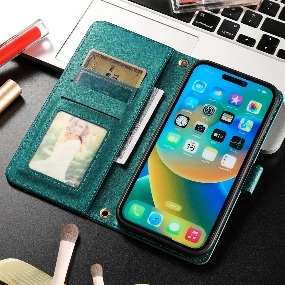 Custodia in pelle di lusso per iPhone 15 14 13 12 11 Pro Xs Max XR X 8 7 6s Plus SE 2020 2022 cordino Flip Wallet Book Case Cover Funda