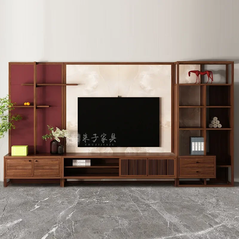 For Living Room Black Walnut TV Cabinet and Coffee Table Combination Ash Wood Floor Standing Video Console Furniture Set