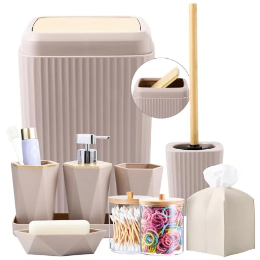 

Набор аксессуаров для ванной из 10 предметов: бамбуковый держатель для унитаза, подставка для мусорного ведра, дозатор для мыла, мыльница, держатель для зубных щеток, стакан для зубных щеток, держатель для салфеток