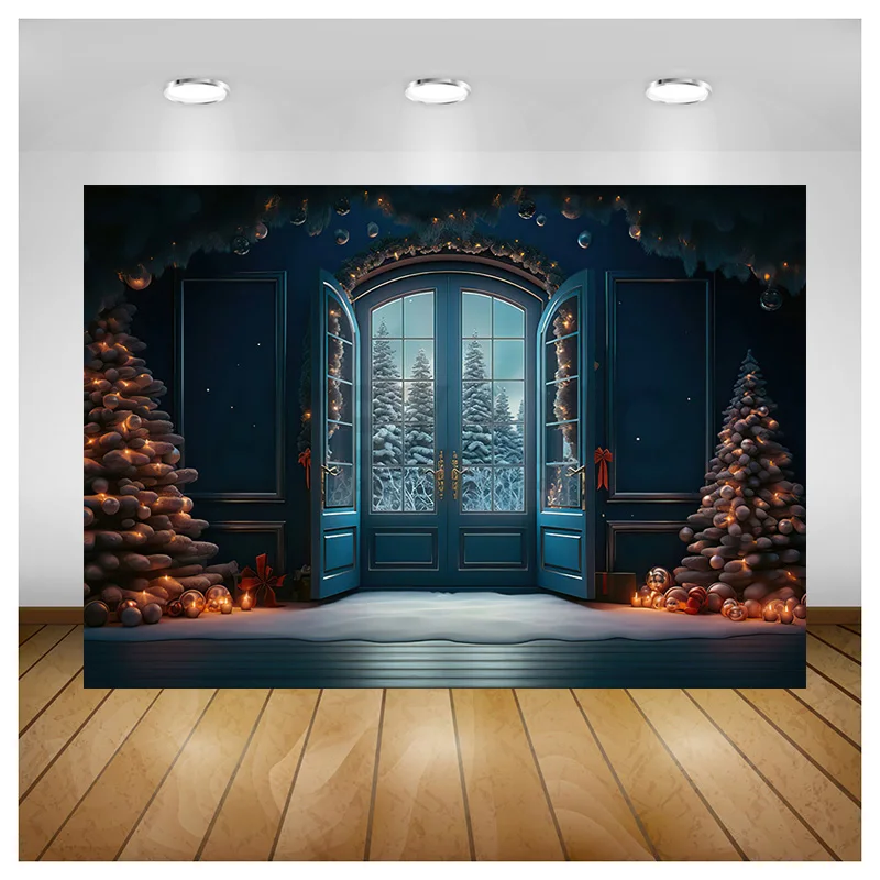 

Vinyl Custom Christmas Tree Window Candy Photography Backdrop Wooden Doors Snowman Cinema Pine New Year Background Prop LPR-01