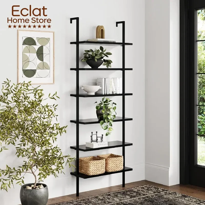 Bookcase Wall Mount Bookshelf Wood Shelves and Metal Frame Matte Black libreria scaffale home furniture