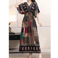 Women Bohemian Ethnic Printed Holiday Dress V-Neck Elastic Waist Casual Batswing Sleeve Mid Dress Elegant Vintage Retro Dress 4